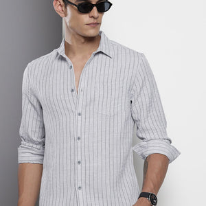 Men's Grey Slim Fit Striped Casual Shirt