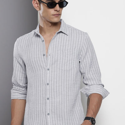 Men's Grey Slim Fit Striped Casual Shirt