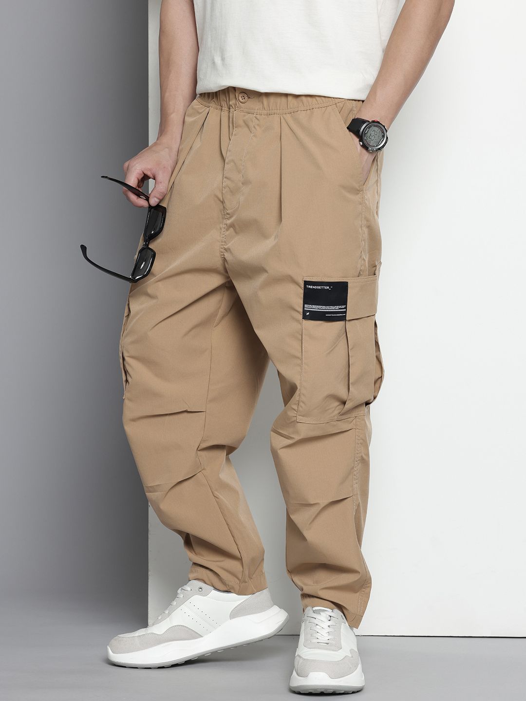 Men's Khaki Tapered Fit Textured Cargos