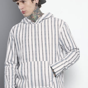 Men's Grey Relaxed Fit Vertical Stripes Resort Wear Shirt