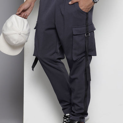 Men's Grey Tapered Fit Solid Cargo Joggers