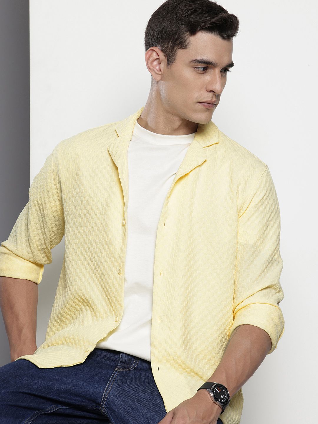 Men's Yellow Relaxed Fit Solid Resort Wear Shirt