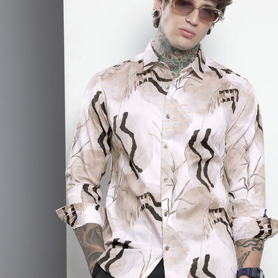 Men's Cream Slim Fit Abstract Print Party Wear Shirt