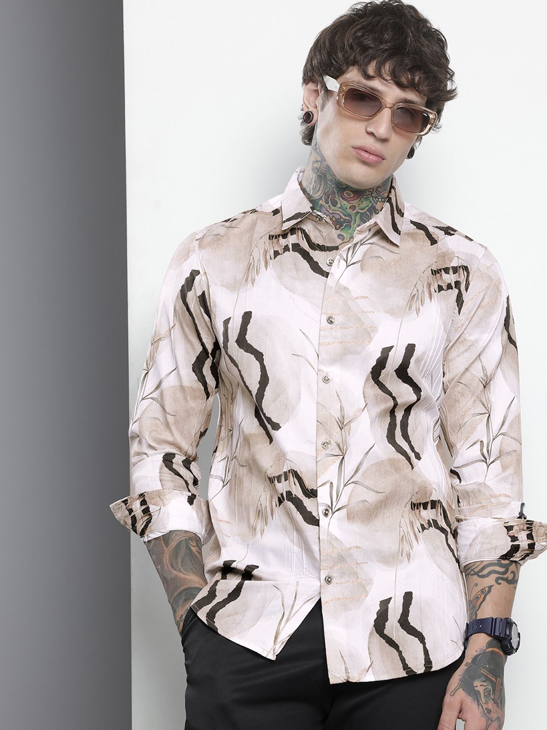 Men's Cream Slim Fit Abstract Print Party Wear Shirt