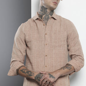 Men's Brown Slim Fit Vertical Striped Casual Shirt