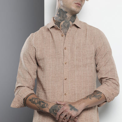 Men's Brown Slim Fit Vertical Striped Casual Shirt