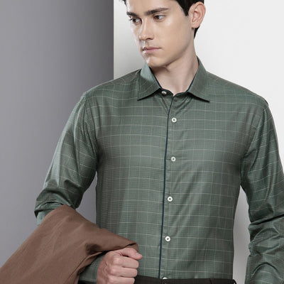 Men's Olive Slim Fit Checked Formal Shirt