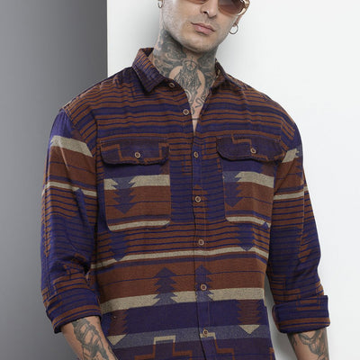Men's Brown Relaxed Fit Geometric Resort Wear Shirt