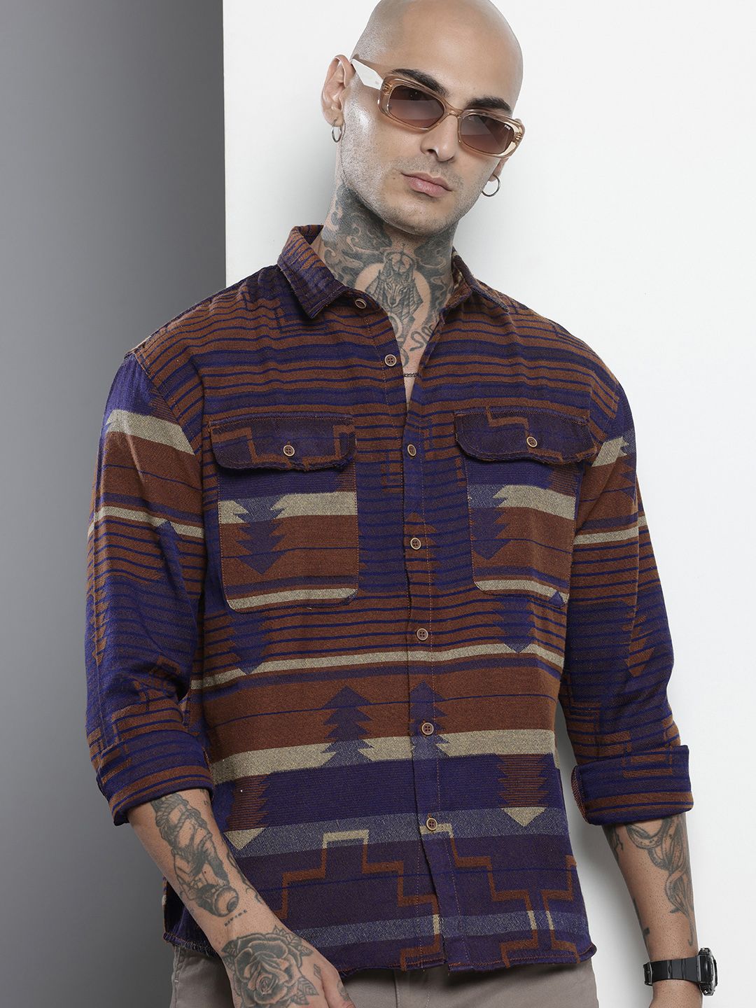 Men's Brown Relaxed Fit Geometric Resort Wear Shirt