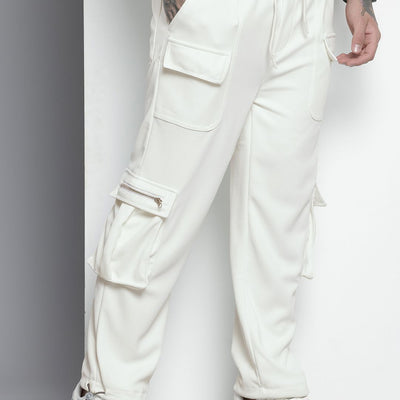 Men's White Relaxed Fit Textured Wide Leg Cargo Joggers