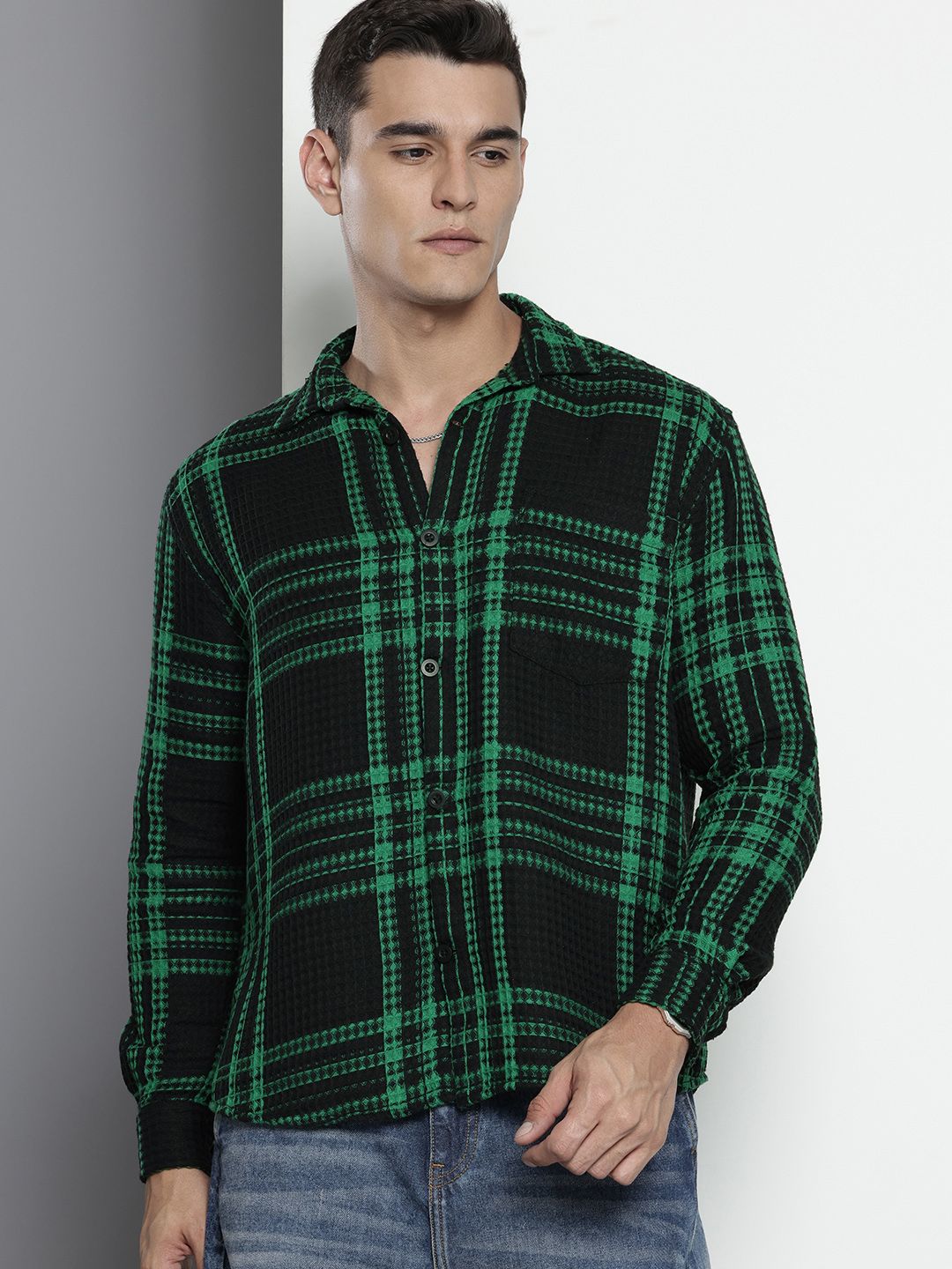 Men's Black Relaxed Fit Textured Casual Shirt