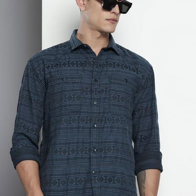 Men's Grey Relaxed Fit Textured Resort Wear Shirt