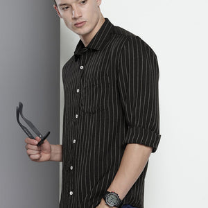 Men's Black Slim Fit Striped Casual Shirt