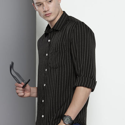 Men's Black Slim Fit Striped Casual Shirt