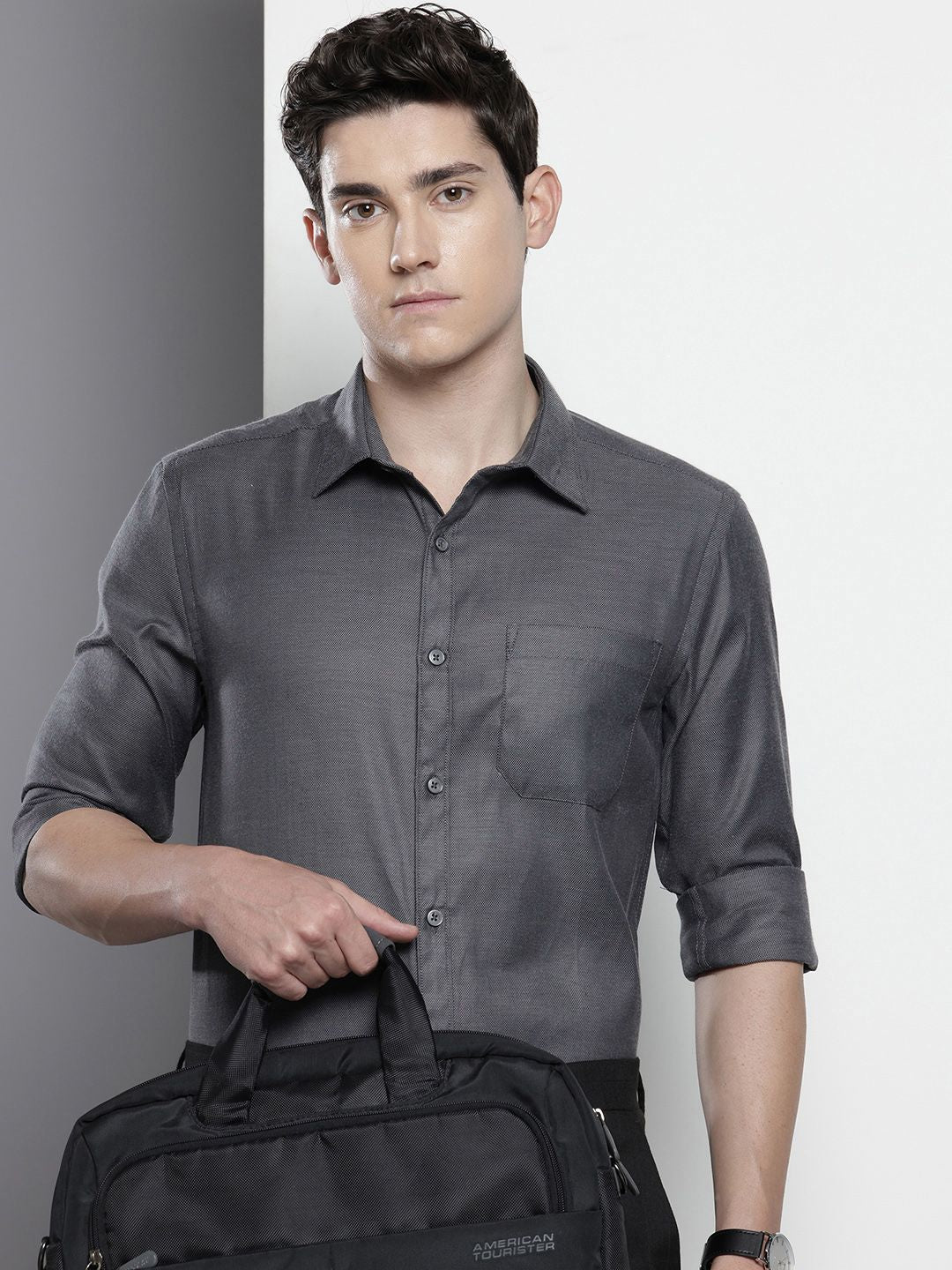 Men's Grey Slim Fit Solid Formal Shirt