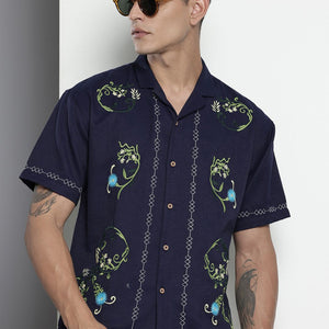 Men's Blue Relaxed Fit Solid Resort Wear Shirt