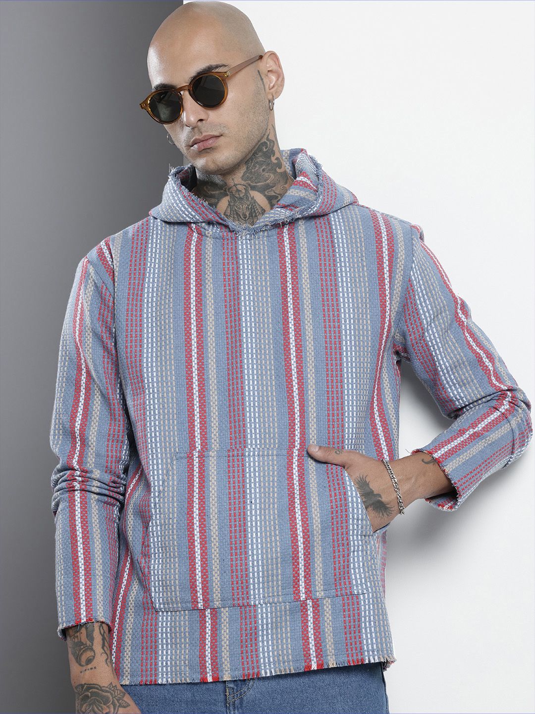 Men's Blue Relaxed Fit Vertical Stripes Resort Wear Shirt