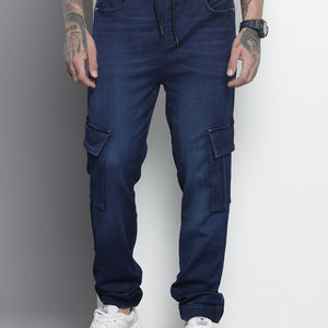 Men's Blue Regular Fit Solid Stretchable Denim Cargo Joggers