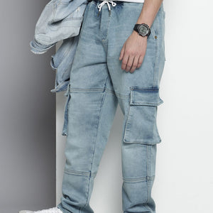Men's Blue Relaxed Fit Solid Stretchable Denim Cargo Joggers