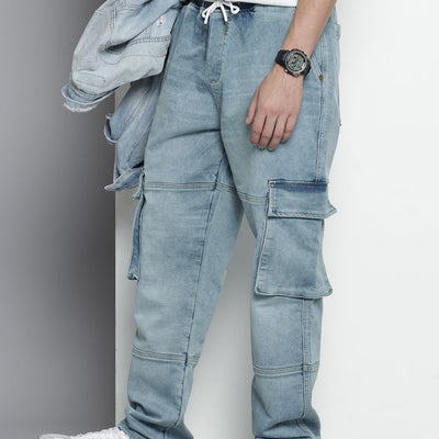 Men's Blue Relaxed Fit Solid Stretchable Denim Cargo Joggers
