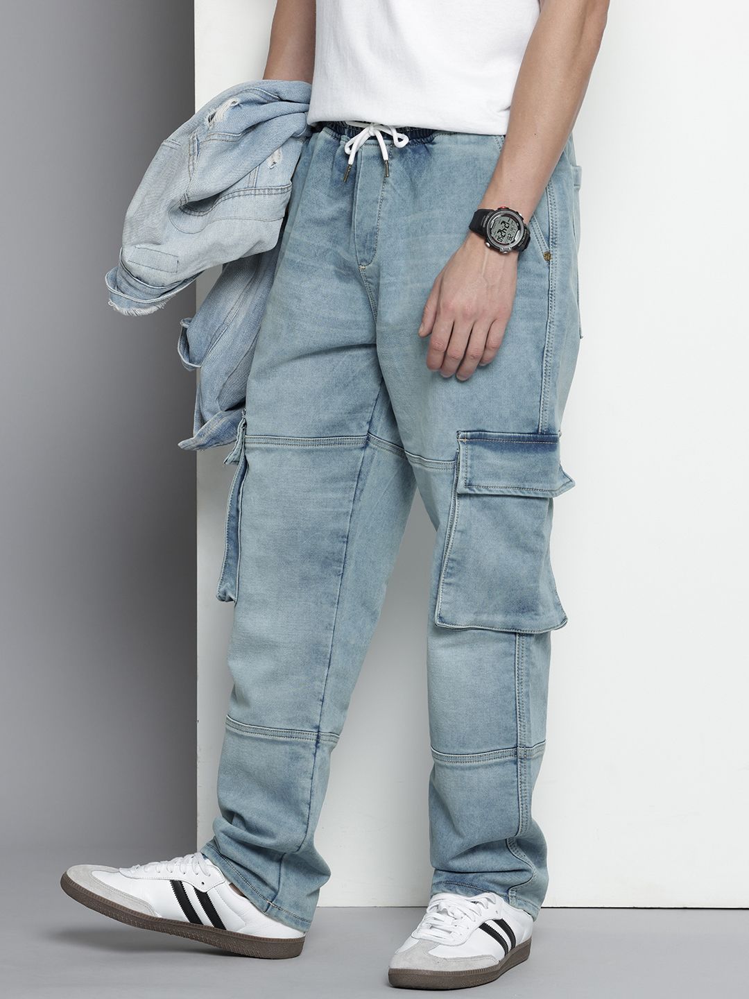 Men's Blue Relaxed Fit Solid Stretchable Denim Cargo Joggers
