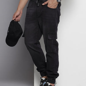 Men's Black Regular Fit Solid Stretchable Denim Joggers