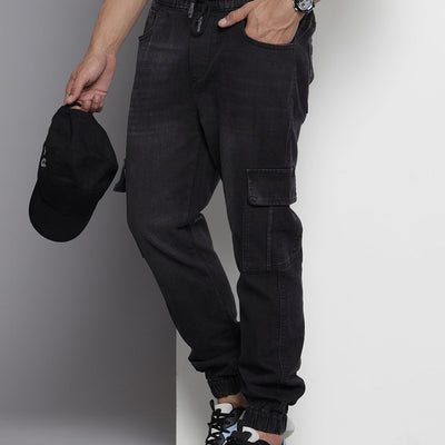 Men's Black Regular Fit Solid Stretchable Denim Joggers
