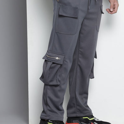 Men's Grey Relaxed Fit Textured Wide Leg Cargo Joggers