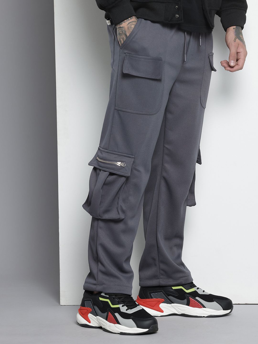Men's Grey Relaxed Fit Textured Wide Leg Cargo Joggers