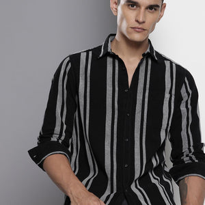 Men's Black Regular Fit Striped Casual Overshirt