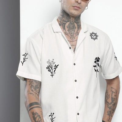 Men's White Relaxed Fit Embroidered Resort Wear Shirt