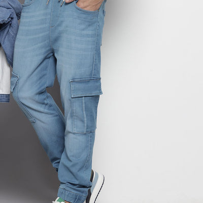 Men's Blue Regular Fit Solid Stretchable Denim Cargo Joggers