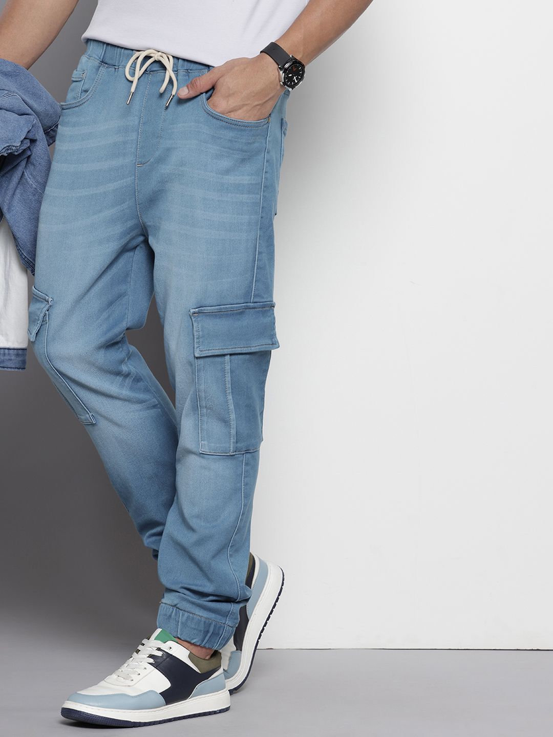 Men's Blue Regular Fit Solid Stretchable Denim Cargo Joggers