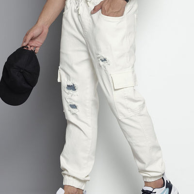 Men's White Regular Fit Solid Stretchable Denim Joggers