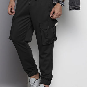 Men's Black Relaxed Fit Textured Cargo Joggers