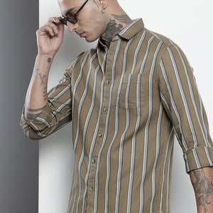 Men's Green Slim Fit Striped Casual Shirt