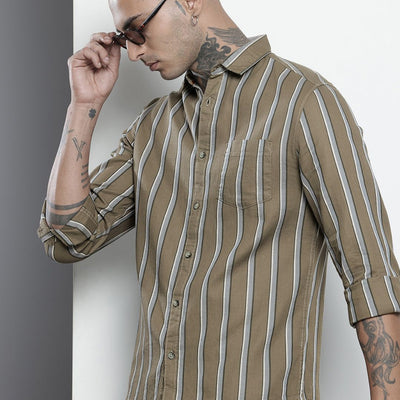 Men's Green Slim Fit Striped Casual Shirt