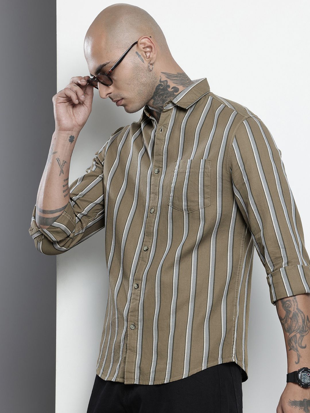 Men's Green Slim Fit Striped Casual Shirt