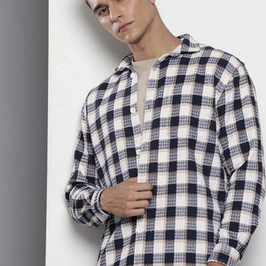 Men's Navy Blue Relaxed Fit Checked Resort Wear Shirt