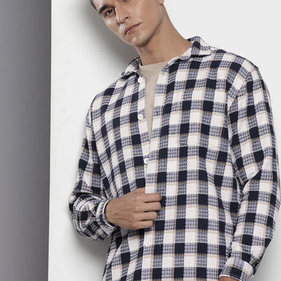 Men's Navy Blue Relaxed Fit Checked Resort Wear Shirt