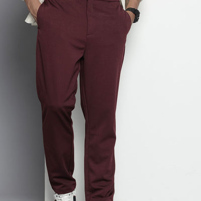 Men's Maroon Relaxed Fit Solid Chinos