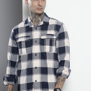 Men's Navy Blue Regular Fit Checked Casual Shirt