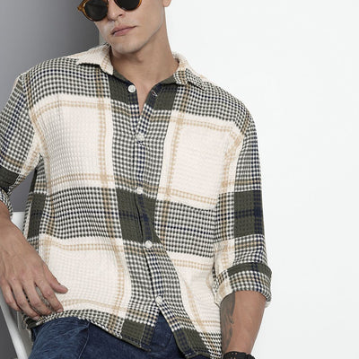 Men's Cream Relaxed Fit Textured Casual Shirt