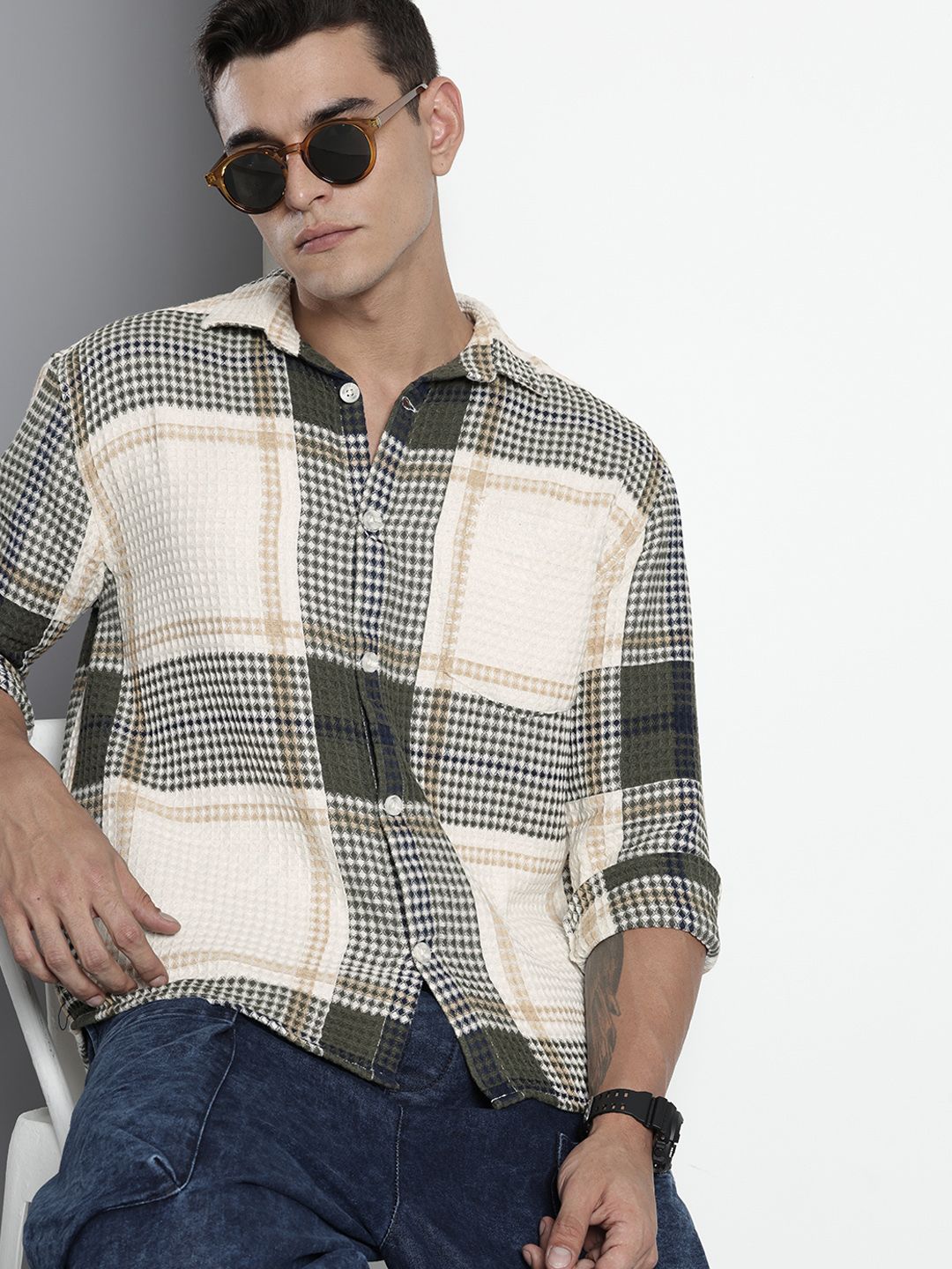 Men's Cream Relaxed Fit Textured Casual Shirt