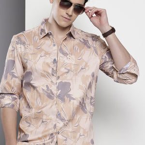 Men's Beige Slim Fit Abstract Print Party Wear Shirt