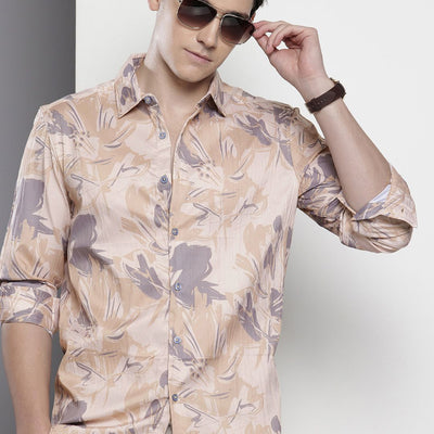 Men's Beige Slim Fit Abstract Print Party Wear Shirt