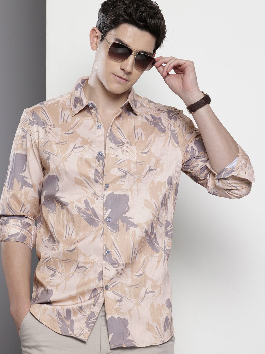 Men's Beige Slim Fit Abstract Print Party Wear Shirt