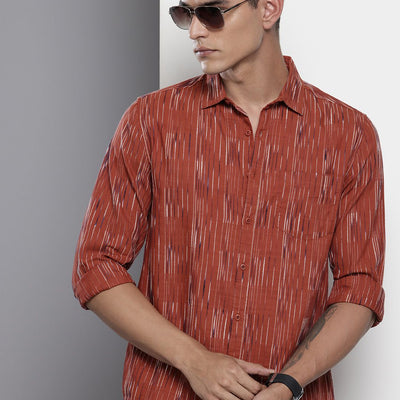 Men's Orange Slim Fit Striped Casual Shirt