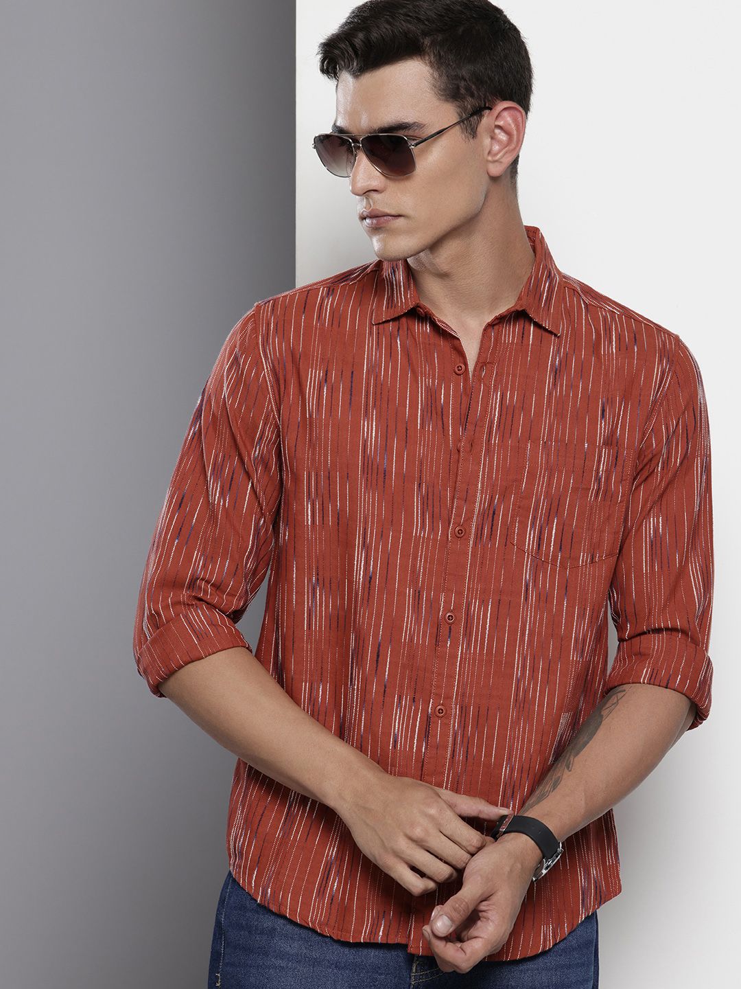 Men's Orange Slim Fit Striped Casual Shirt