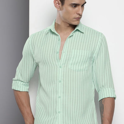 Men's Green Slim Fit Striped Casual Shirt